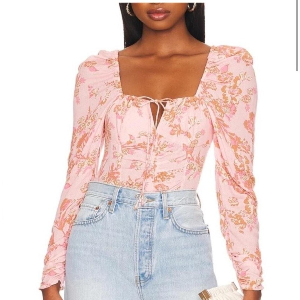 Free People Hilary Printed Blouse Pink Floral Keyhole Tie Top Large